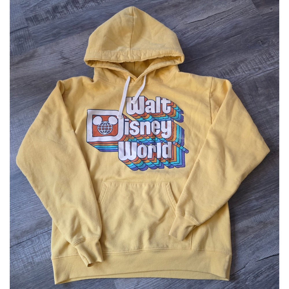 Disney World Yellow Hoodie Small Retro Rainbow Logo Pullover Sweatshirt Unisex S